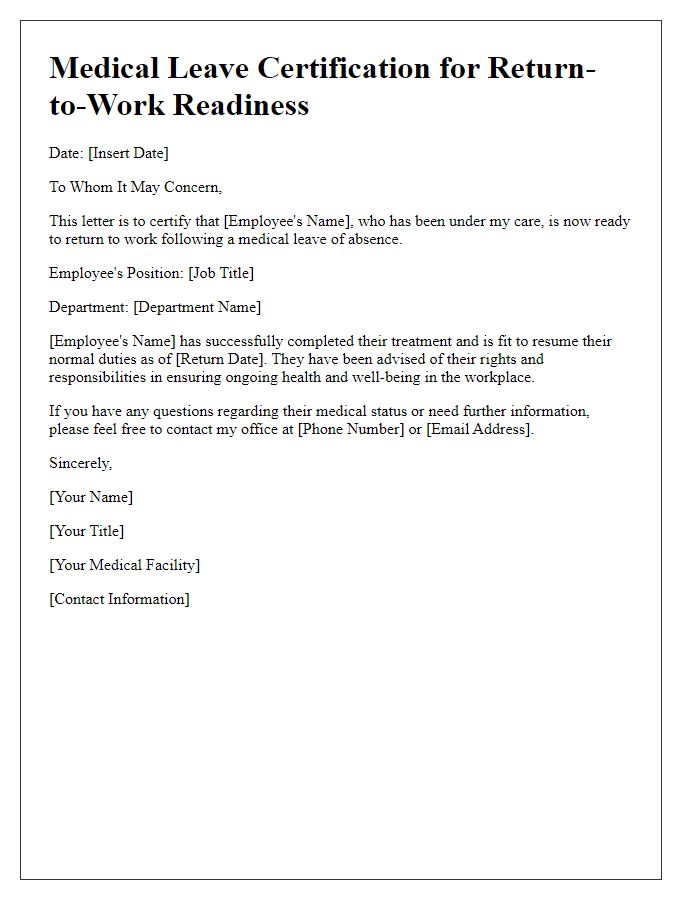 Letter template of medical leave certification for return-to-work readiness