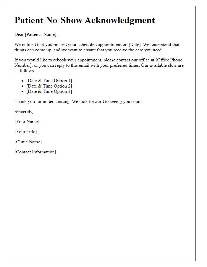 Letter template of patient no-show acknowledgment and rebooking options.