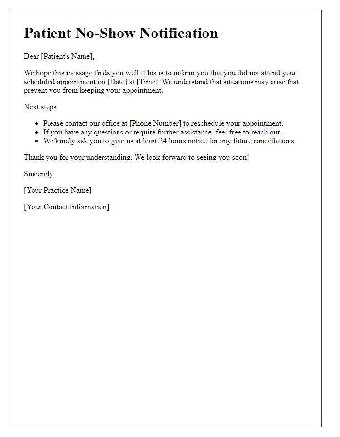 Letter template of patient no-show notification with next steps.