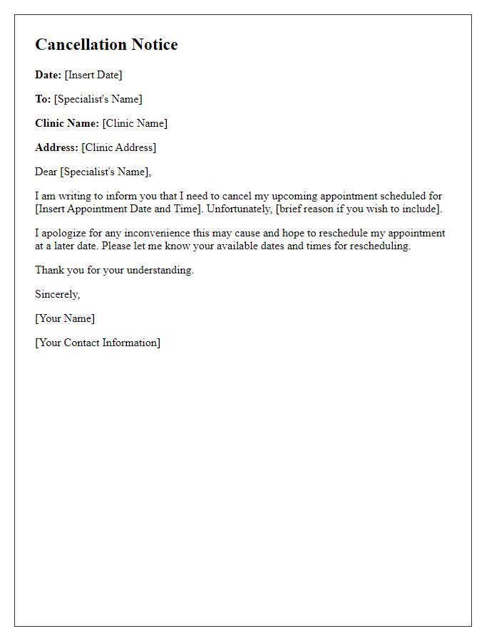 Letter template of cancellation notice for specialist appointment