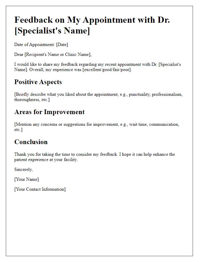 Letter template of feedback on specialist appointment experience