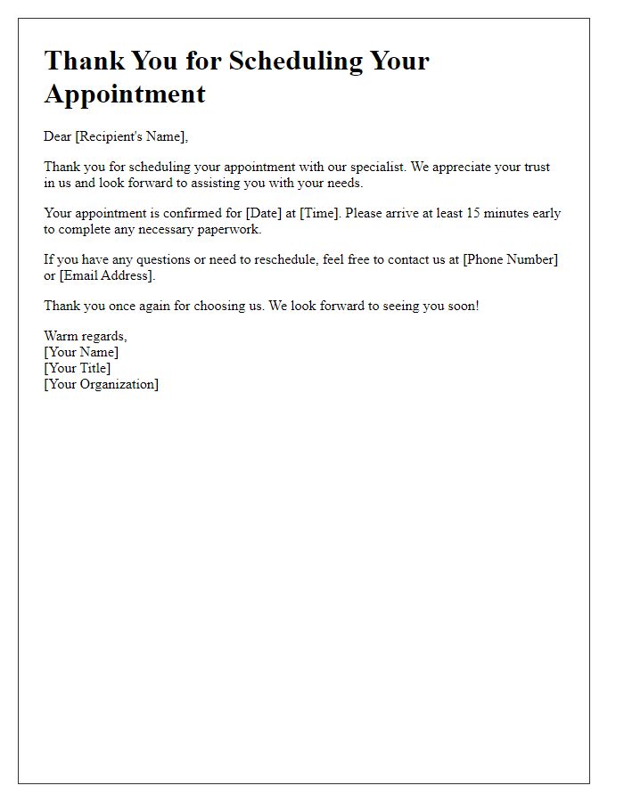 Letter template of thank you for scheduling specialist appointment