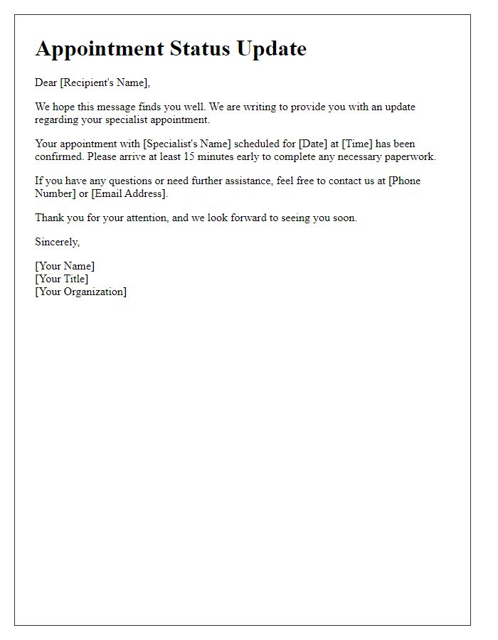 Letter template of update on specialist appointment status