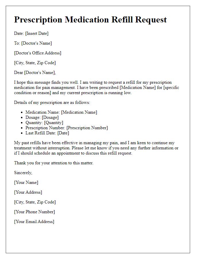 Letter template of prescription medication refill request for pain management.