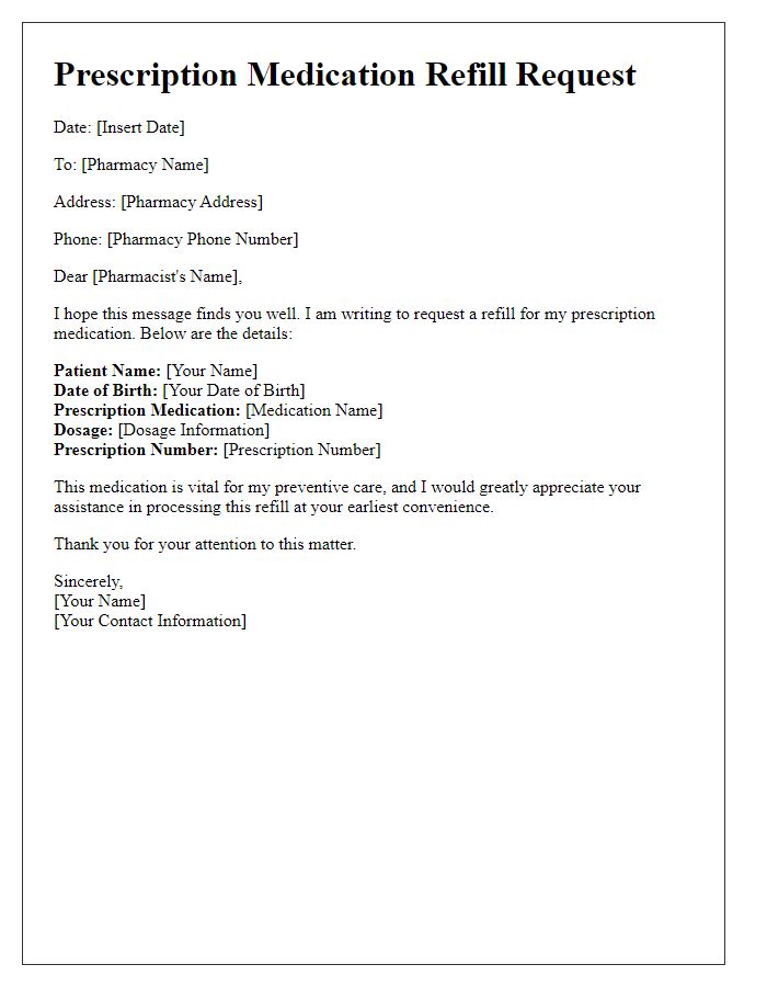 Letter template of prescription medication refill request for preventive care.