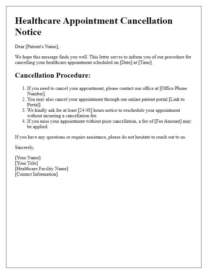 Letter template of healthcare appointment cancellation procedure.