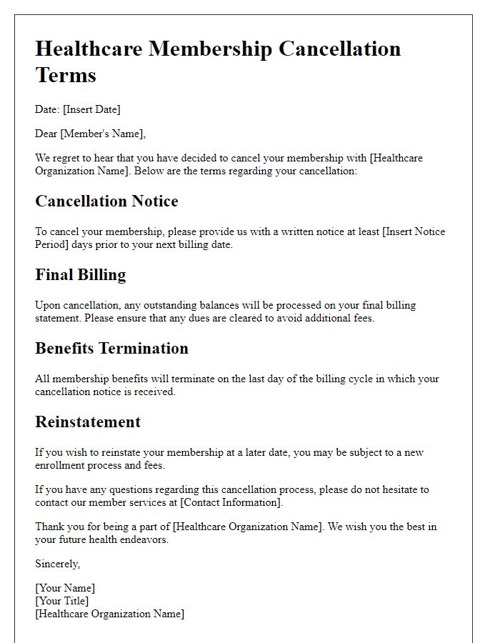 Letter template of healthcare membership cancellation terms.