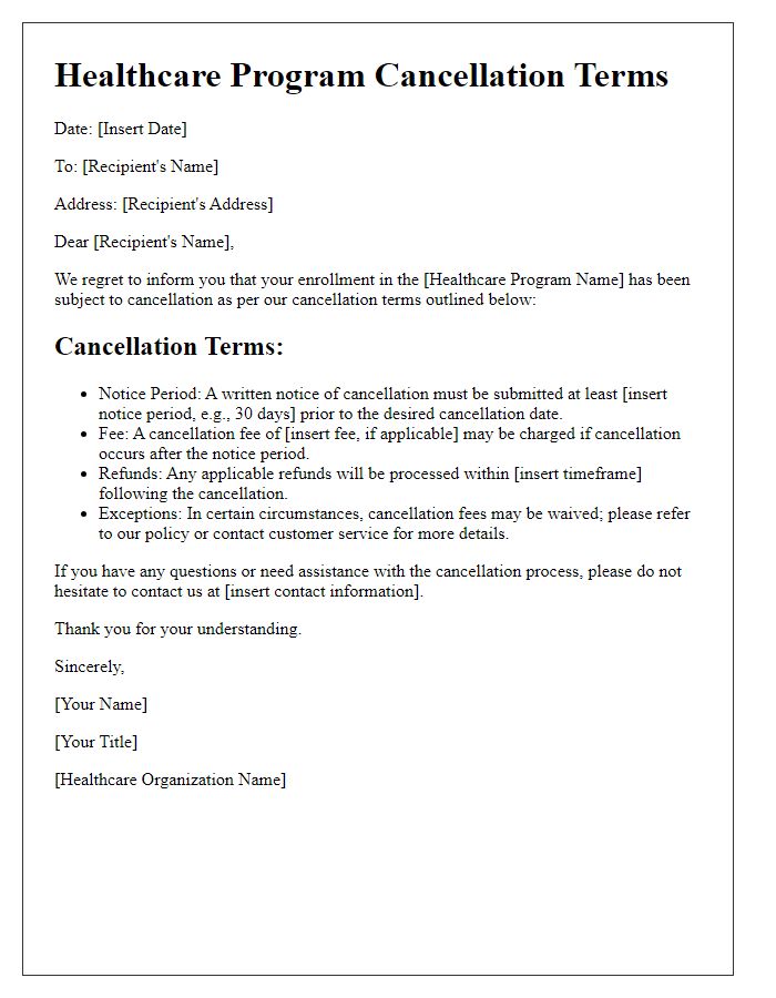 Letter template of healthcare program cancellation terms.