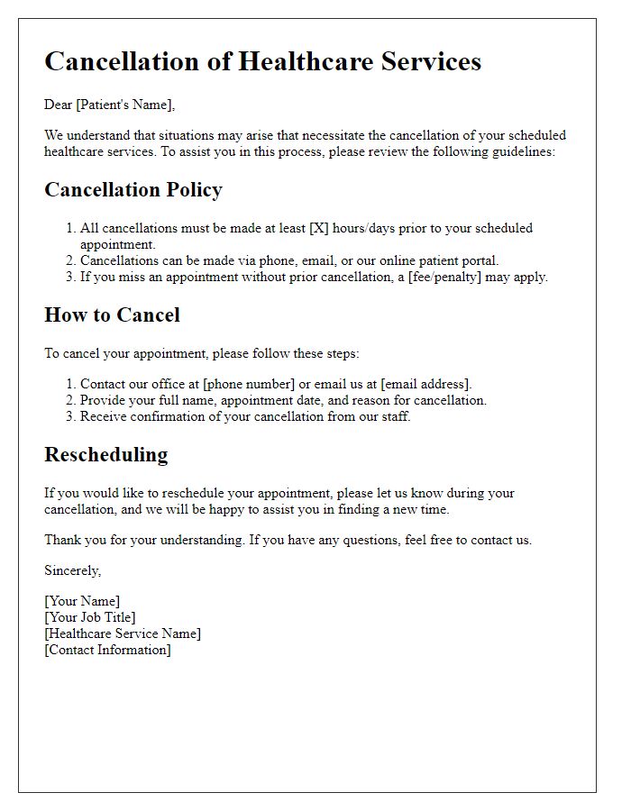 Letter template of healthcare service cancellation guidelines.