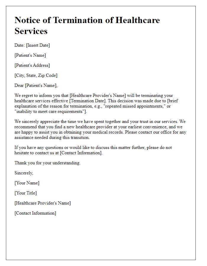 Letter template of healthcare service termination notice.