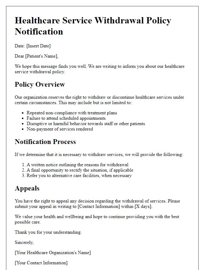 Letter template of healthcare service withdrawal policy.