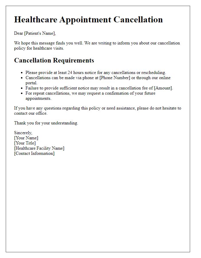 Letter template of healthcare visit cancellation requirements.