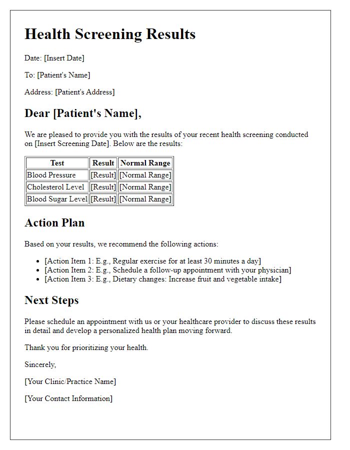 Letter template of health screening results with action plan