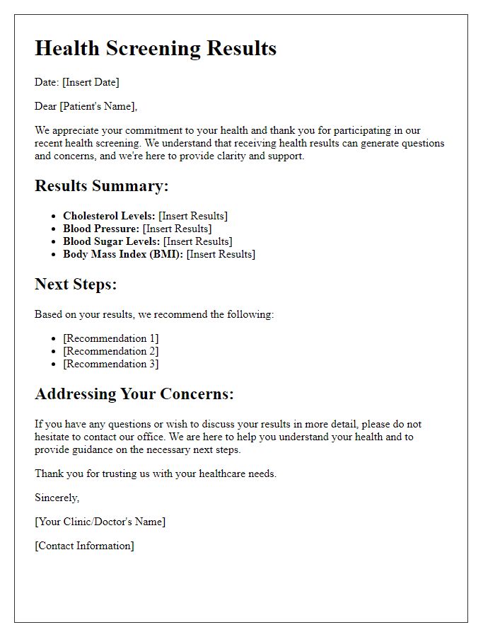 Letter template of health screening results addressing patient concerns