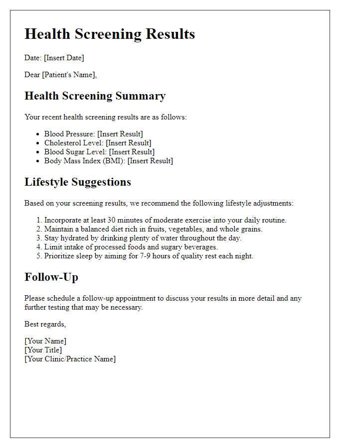 Letter template of health screening results and lifestyle suggestions