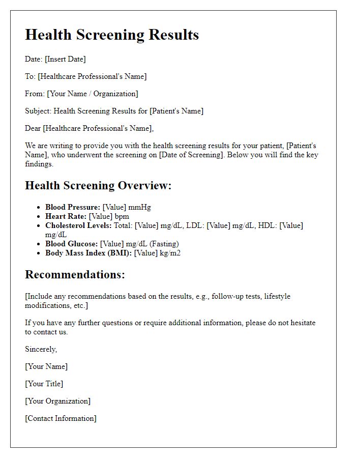 Letter template of health screening results for healthcare professionals