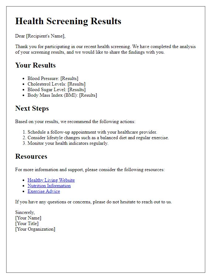 Letter template of health screening results with next steps and resources