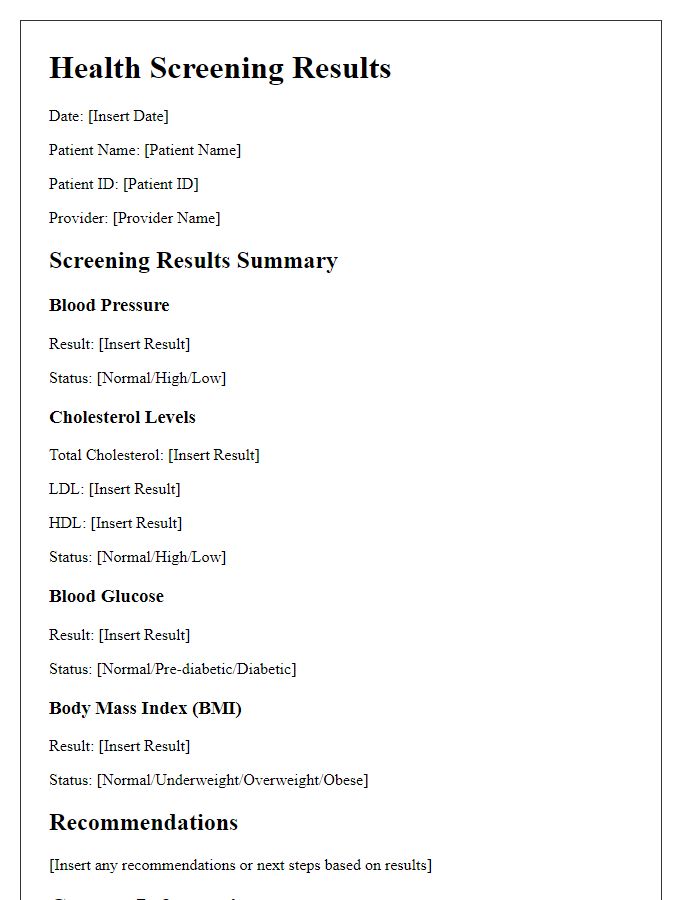 Letter template of health screening results for specific conditions