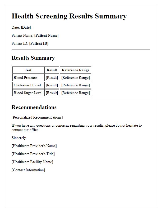 Letter template of health screening results summary for patients