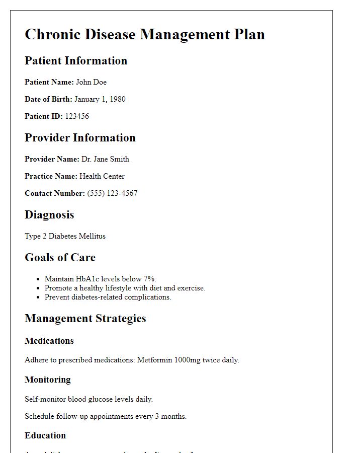 Letter template of Chronic Disease Management Plan for Diabetes Care