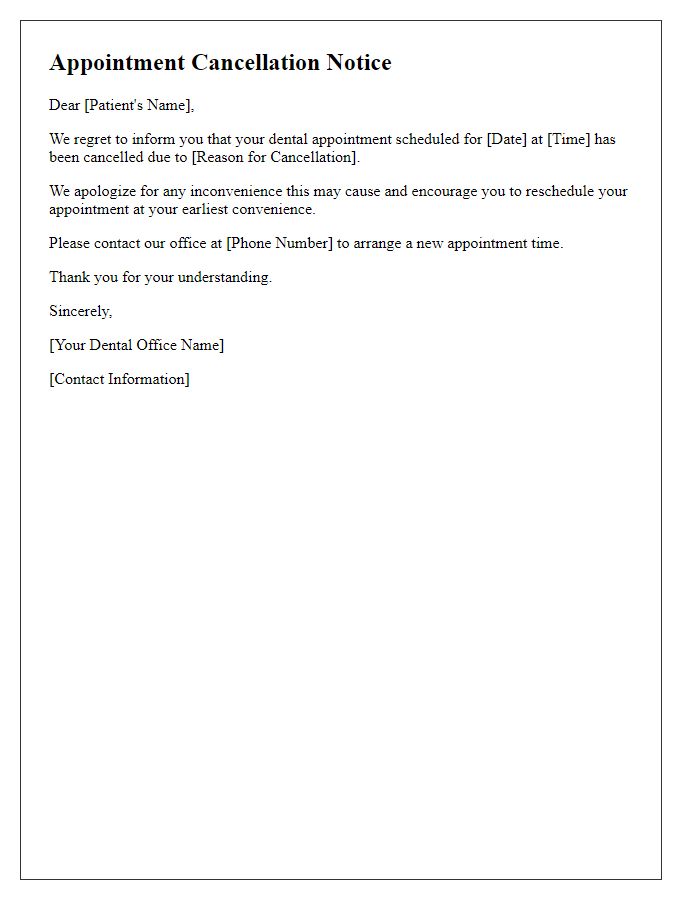 Letter template of dental care appointment cancellation