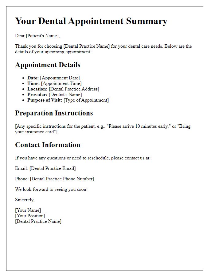 Letter template of dental care appointment details summary