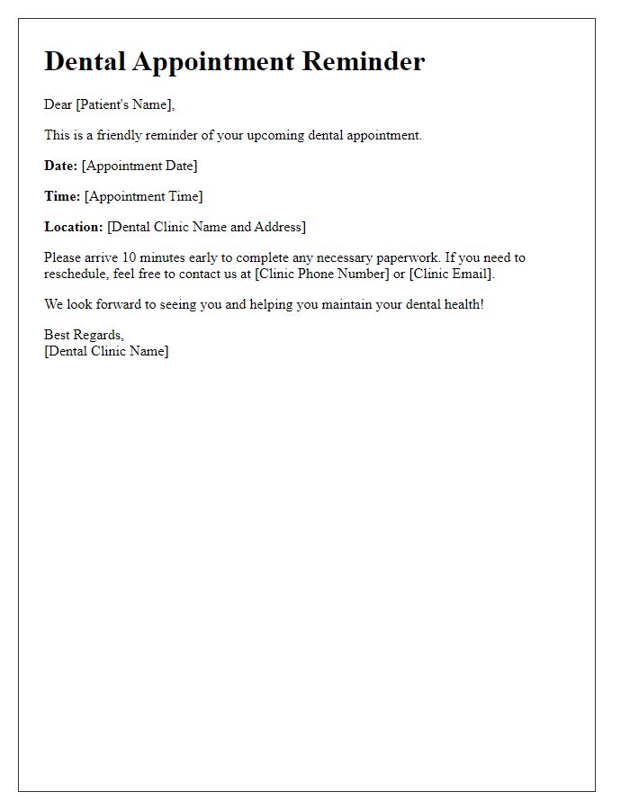 Letter template of dental care appointment reminder