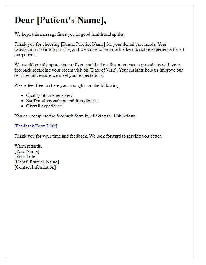 Letter template of dental care feedback request