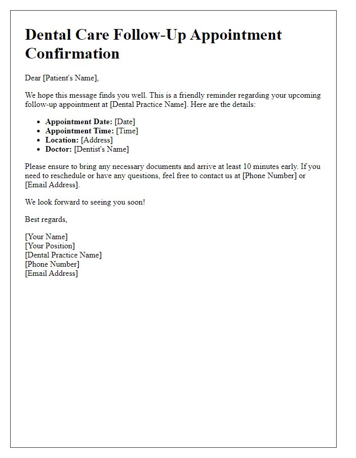 Letter template of dental care follow-up appointment