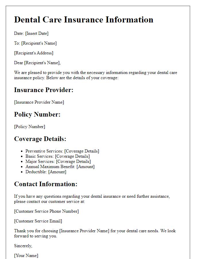 Letter template of dental care insurance information