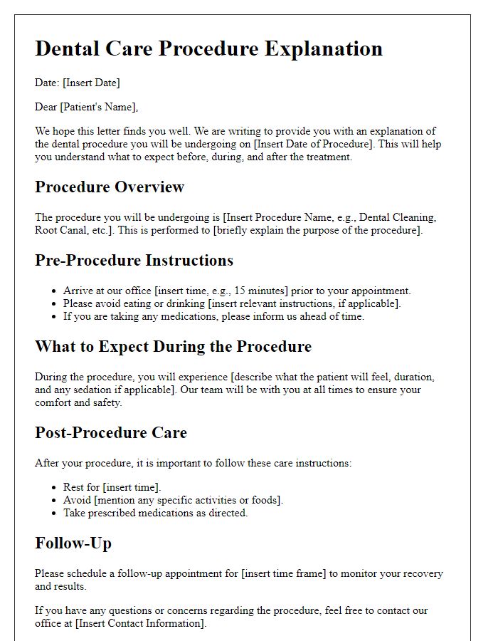 Letter template of dental care procedure explanation