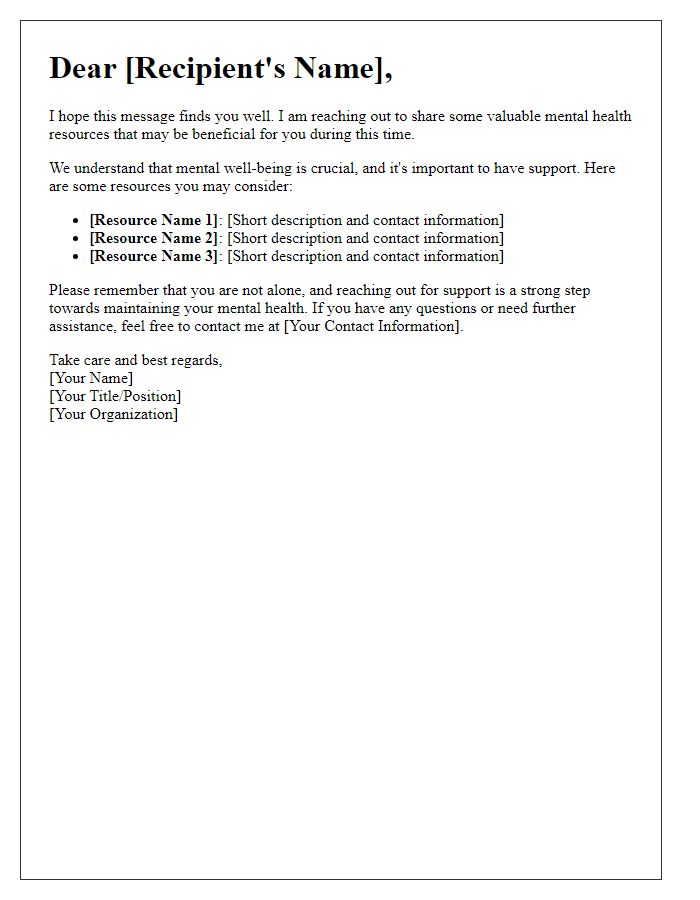 Letter template of connection to mental health resources