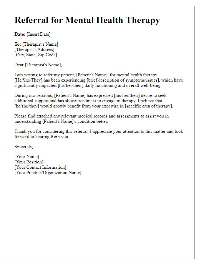 Letter template of guidance for mental health therapy referral