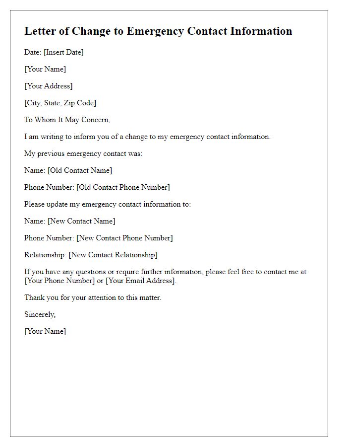 Letter template of changes to emergency contact information