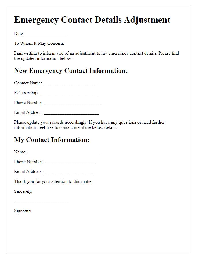 Letter template of emergency contact details adjustment