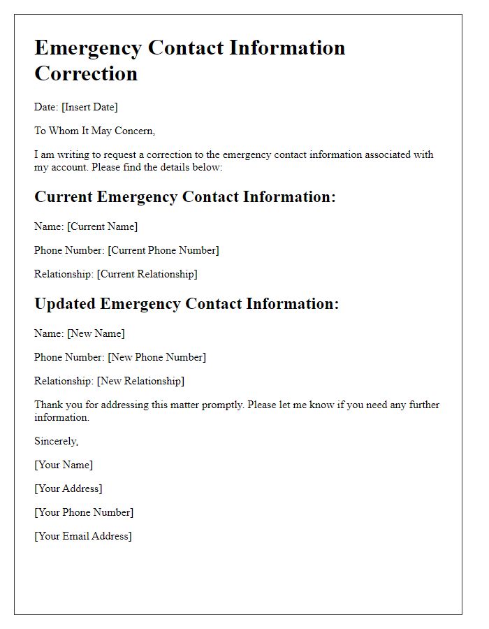 Letter template of emergency contact information correction