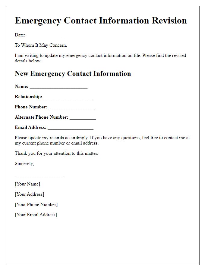 Letter template of emergency contact information revision