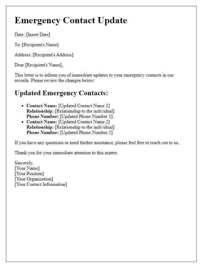 Letter template of immediate updates to emergency contacts