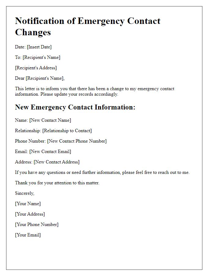 Letter template of notification for emergency contact changes