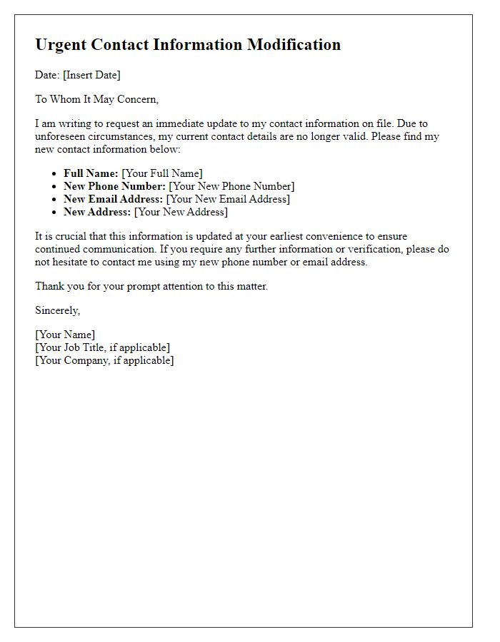 Letter template of urgent contact information modification