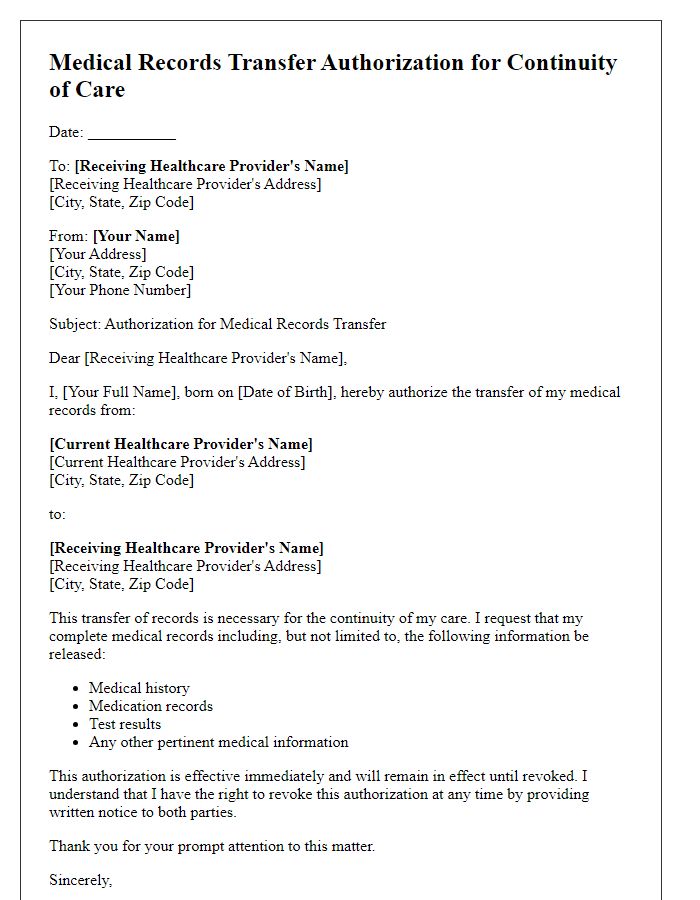 Letter template of medical records transfer authorization for continuity of care