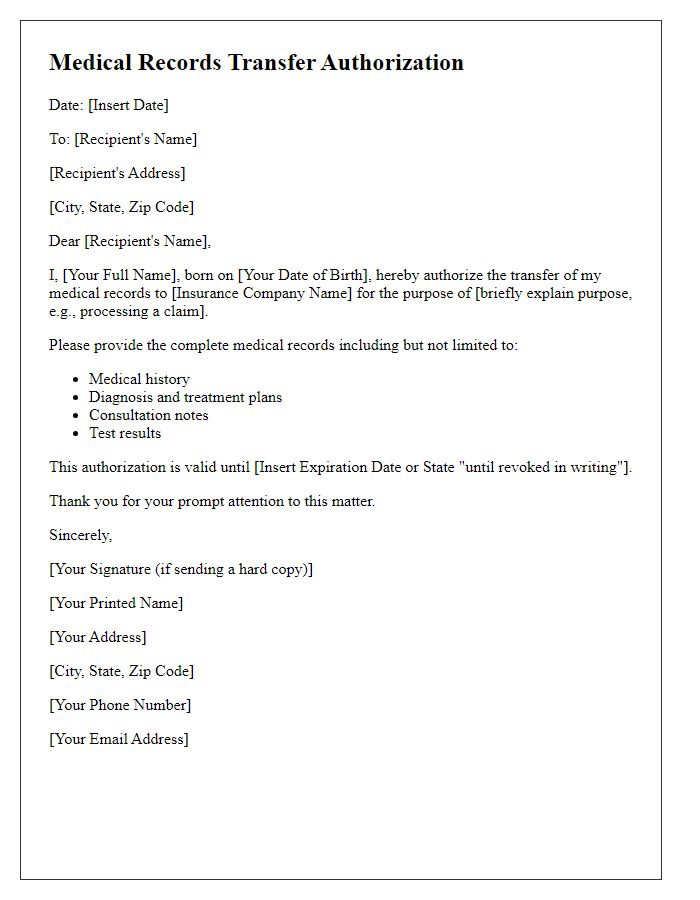 Letter template of medical records transfer authorization for insurance purposes