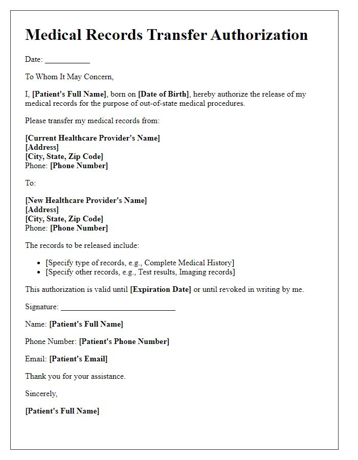 Letter template of medical records transfer authorization for out-of-state procedures