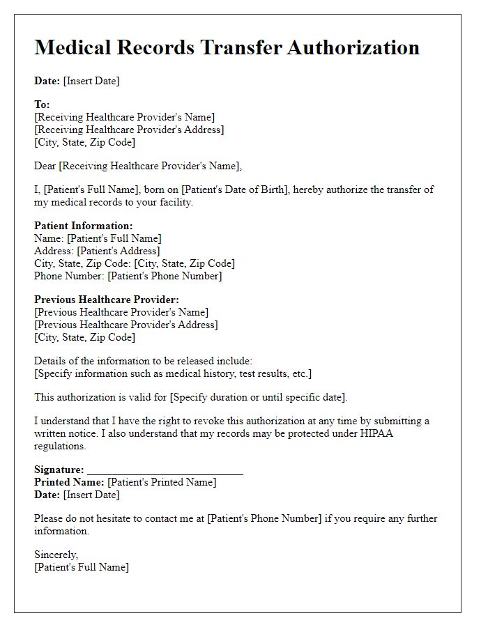 Letter template of medical records transfer authorization for patient consent