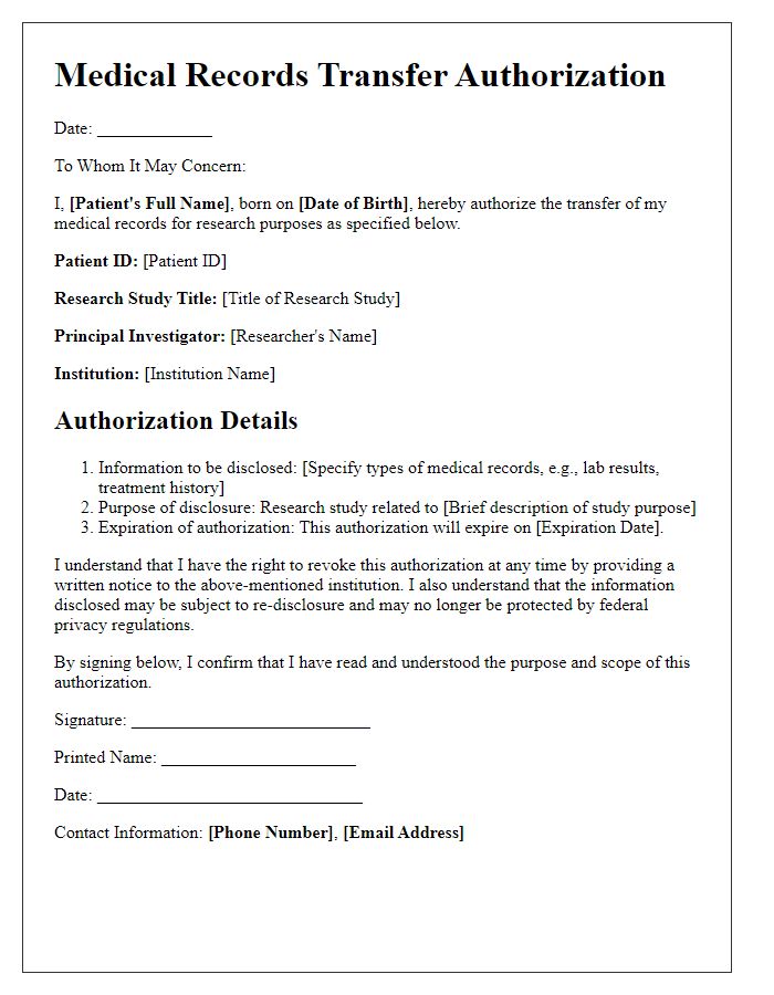 Letter template of medical records transfer authorization for research purposes