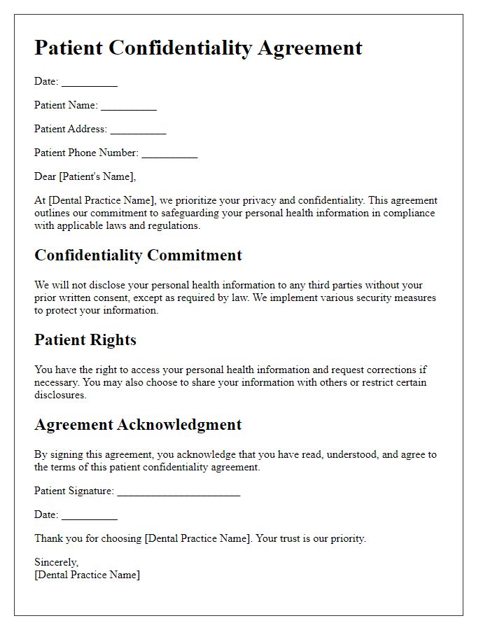 Letter template of patient confidentiality agreement for dental practices.