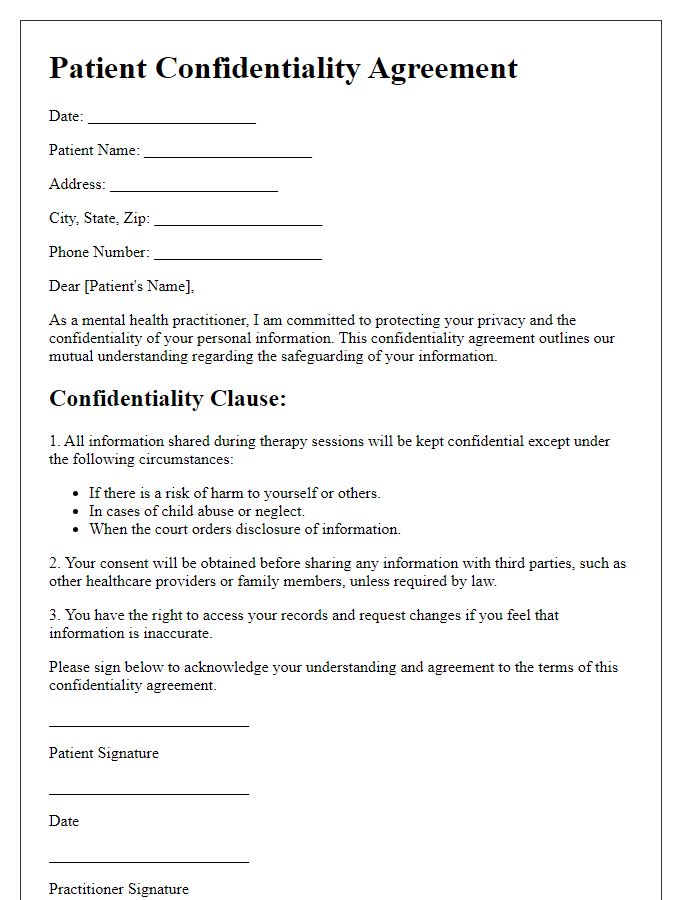 Letter template of patient confidentiality agreement for mental health practitioners.