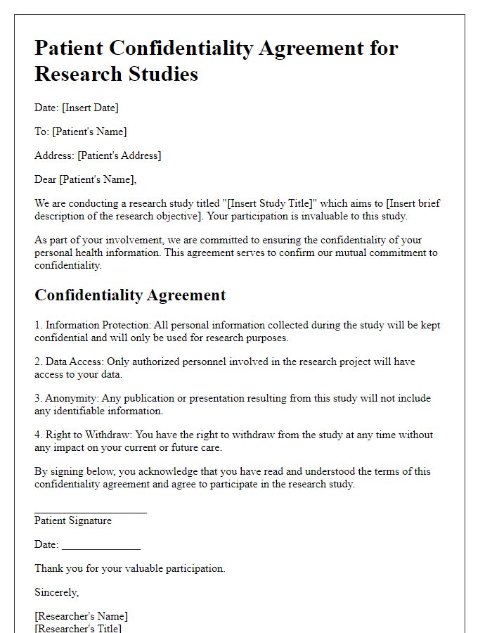 Letter template of patient confidentiality agreement for research studies.