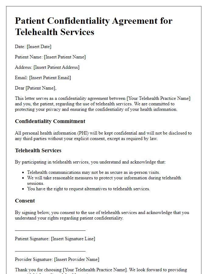 Letter template of patient confidentiality agreement for telehealth services.