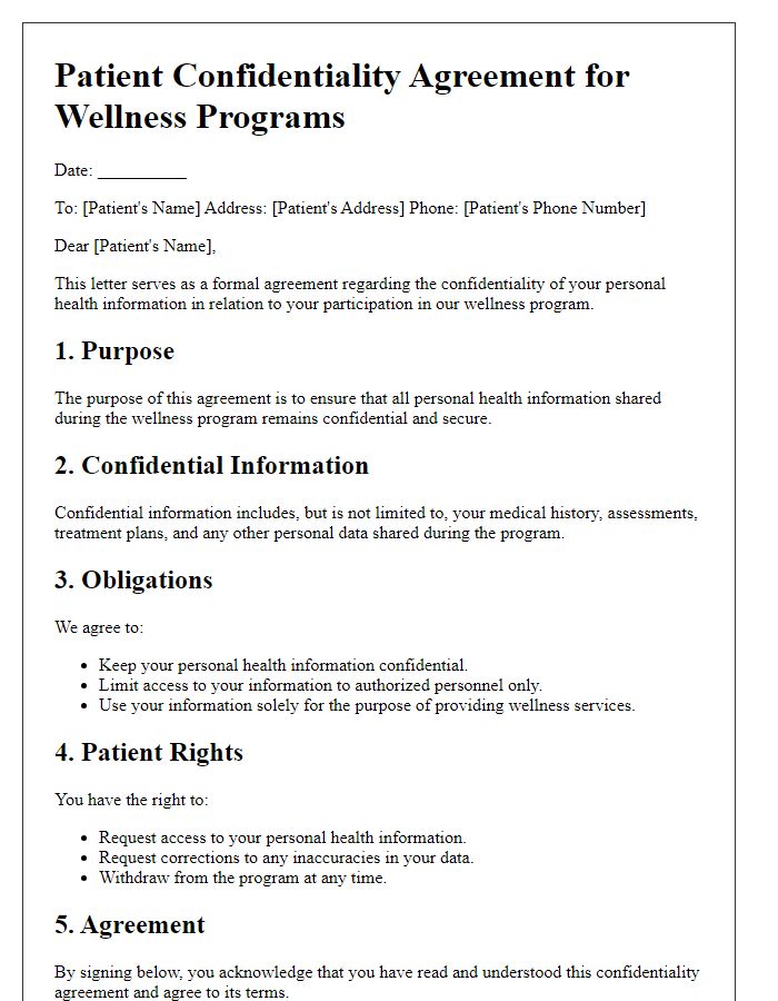 Letter template of patient confidentiality agreement for wellness programs.